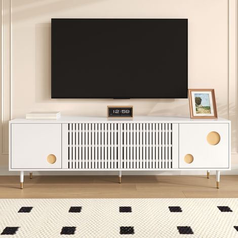 Mobile TV madia bianco e oro 170 cm - grande panca da soggiorno moderna con 4 ante, di cui 2 con struttura a griglia, e sistema push-to-open