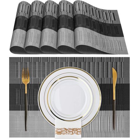 Set de Table Lavable, Lot de 6 Sets de Table,70% PVC et 30% Polyester, Nettoyage Facile, Antidérapant, Résistant à la Chaleur,Gris
