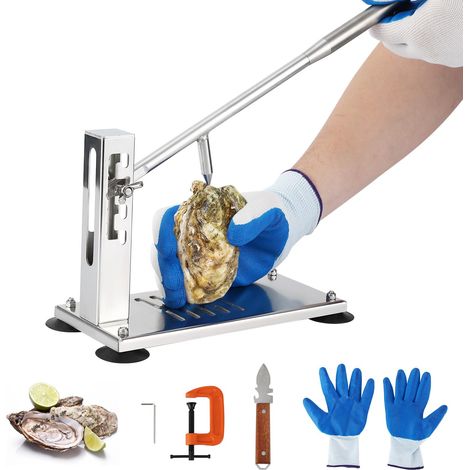 Ouvre-huîtres professionnel en acier inoxydable – Hauteur réglable – Avec couteau, gants anti-coupure, pieds ventouse – Set complet fruits de mer, cuisine – Spécifications : Allemagne, fond : acier in