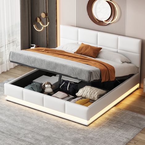 Lit coffre 160x200 cm LED, tête réglable, blanc, simili cuir, sans matelas FloraGrace (1/5)