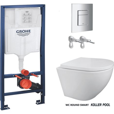Pack Bati-Support GROHE réservoir Encastrable et plaque  chrome brillant avec WC suspendu ROUND blanc 49 cm par KP (1/5)