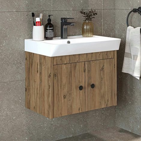 Meuble vasque suspendu 60 cm décor pin 2 portes JUSA (1/5)