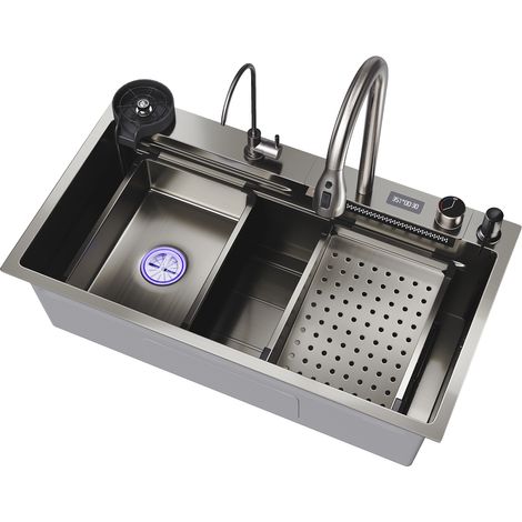 Sirhona – Évier de cuisine 1 bac en acier inoxydable 304 – Affichage LED température – Robinet extractible 360° – Mode cascade – Dimensions 75x45x23 cm (1/6)