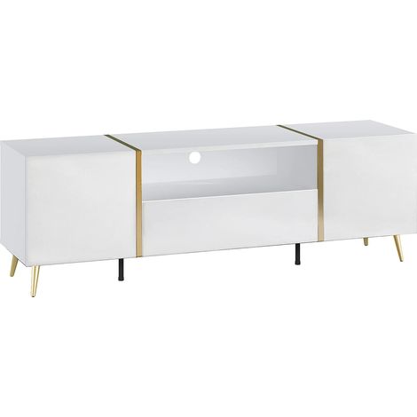Vente-Unique – Meuble TV blanc brillant avec 2 portes et 1 tiroir – Panneau mélaminé – Dimensions 158x51.8x41cm – Système push to open (1/5)