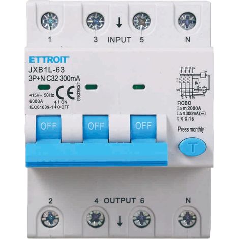 Interruttore magnetotermico differenziale 3P+N 32A 6kA 300mA 380V 4 Moduli DIN Ettroit JX263263 (1/5)