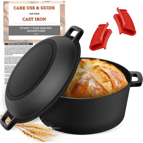Casserole en Fonte pour la Cuisson du pain, 26cm Cocotte en Fonte avec Couvercle pour La Cuisson au four, Marmite 2 en 1 avec Poêle, 4.7L (1/5)