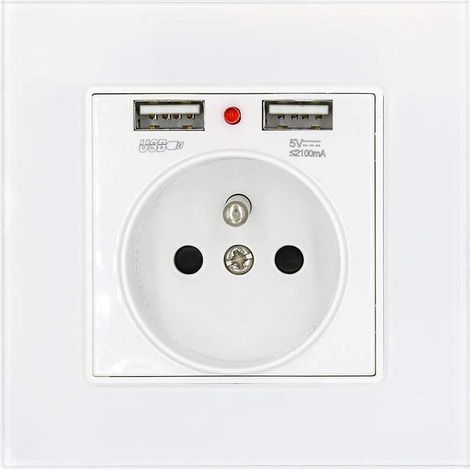 Glass Panel Power Socket, French Standard Wall Socket with Dual USB Charging Indicator 2.1A, 16A 250V French Standard Flush Mount Socket, White (1/5)