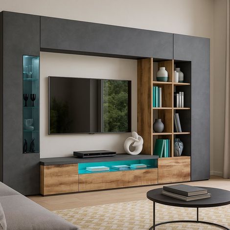 Dmora Mueble de salón, Made in Italy, con luz LED azul, base de soporte para TV y muebles altos y estantes, Conjunto de salón moderno, 290x40h192 cm, color pizarra y arce, con embalaje reforzado (1/5)