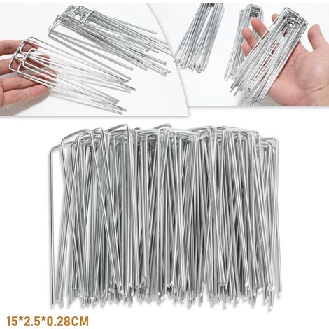 Randaco Juego de 50 estacas de acero galvanizado de 150 x 25 mm para anclar al suelo lonas y redes de jardinería en forma de U angular