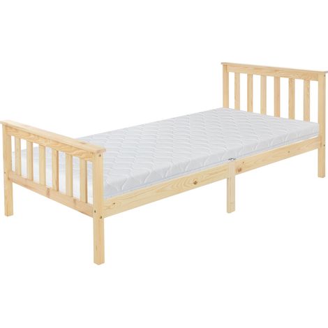 ML-Design Letto Singolo in Legno di Pino Massiccio 90 x 200 cm Colore Naturale, con Telaio Rete a Doghe Testiera e Pediera, Lettino per Ragazzi, Giroletto con Materasso da 16 cm in Schiuma Fredda (1/5)