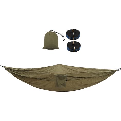 Hamac double 210T nylon, balançoire de camping avec mousqueton et boucle en acier, pour extérieur intérieur, vert olive (1/5)