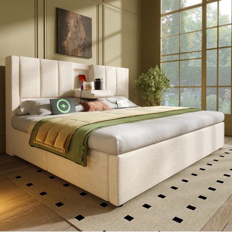 Cama doble tapizada en lino beige 140x190 cm con cabecero USB-C, portavasos ocultos y arcón de almacenamiento (1/5)