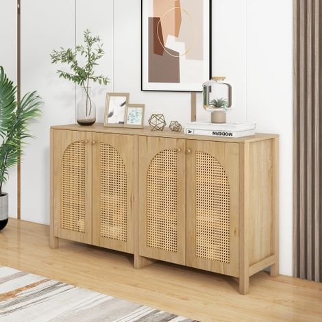Credenza moderna e minimalista con 4 ante in rattan e maniglie in metallo mobile buffet semplice per sala da pranzo, soggiorno o cucina (legno naturale)