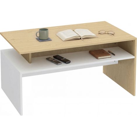 Table basse moderne avec rangement pour salon 95x55x50 cm en bois naturel et blanc, idéale pour votre espace de vie. (1/5)