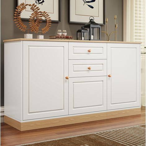 MEUBLIV Aparador blanco y decor madera 135,5 cm - 3 puertas, 2 cajones (1/5)
