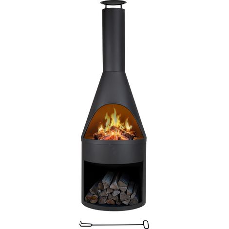 Camino da Esterno a Legna in Ferro Verniciato a Polvere, Braciere da Giardino con Canna Fumaria e Porta Legna, Resistente alla Ruggine, Design Moderno Nero 134,5 cm – Il Gruppone (1/5)