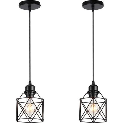 U-Do 2Pcs Lustre Suspension Ajustable Industriel Cage en Fer Noir E27 Lampe de Plafonde Intérieur convient pour Café Salon Bar (1/4)