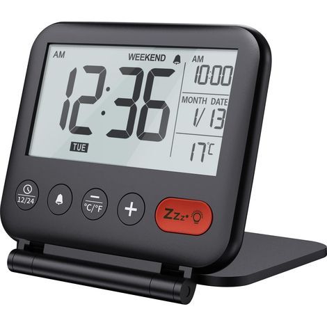 Sveglia da viaggio, mini orologio digitale LCD portatile con calendario retroilluminato, visualizzazione della temperatura in formato 12/24 ore, specchietto per il trucco, piccolo orologio da scrivani (1/5)