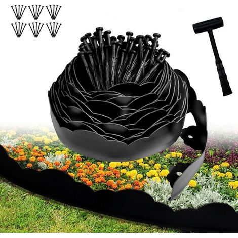 Gewellte, flexible Garteneinfassung 10 m Höhe 7 cm inklusive 30 Pfosten und 1 Hammer Kunststoff Außenzaun (1/5)