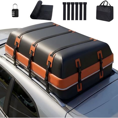 Coffre de Toit Voiture Souple 570L, Sac de Toit 100% Imperméable PVC, Rangement Bagage Voyage, Tapis et 6 Crochets Inclus, pour SUV/Voitures avec ou sans Barres de Toit (1/5)