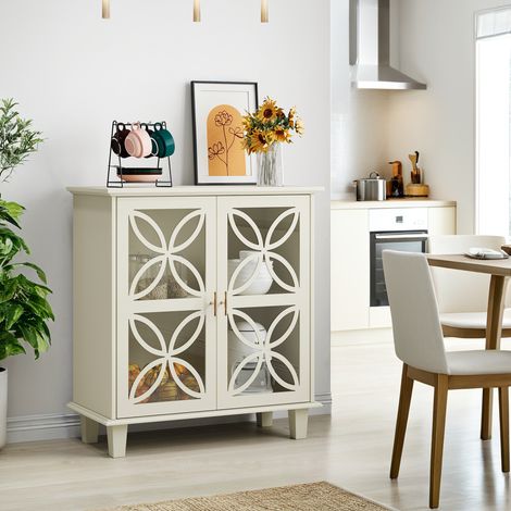 Buffet avec étagères réglables, console de cuisine rétro moderne avec portes en verre trempé, meuble décoratif à deux portes, beige. (1/5)