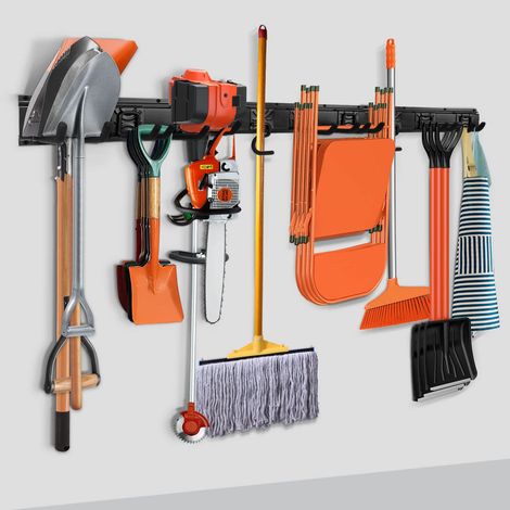Étagère de rangement pour outils de garage, support mural avec 4 supports de balai et 8 crochets de 20,3 cm, supports de rangement pour équipement d'aménagement paysager, taille-haie, balais, tuyaux, (1/5)
