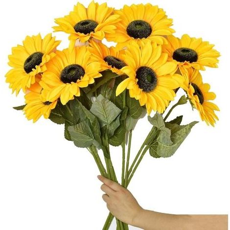 6PCS Grandes fleurs artificielles tournesols avec longue tige Faux tournesols en soie Décoration en vrac pour la maison le mariage l'extérieur (1/4)