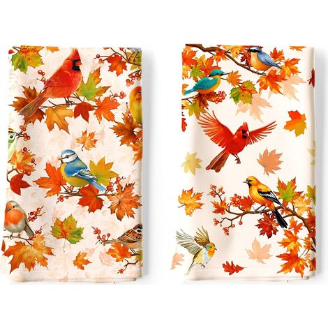 Torchons de Cuisine Lot de 2, Oiseau Feuille D'érable d'automne Essuie Main Absorbante 100% Coton Torchon Vaisselle Saisonnier Cadeaux pour Crémaillère Décoratif 48 cm x 70 cm (1/5)