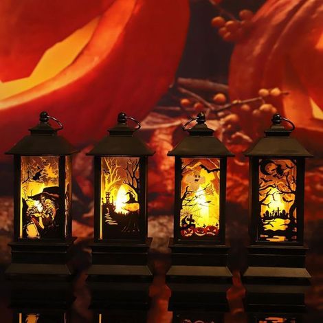 Lot de 4 lanternes Halloween LED – Décoration intérieure et extérieure Matériau plastique durable–Lumière chaude avec interrupteur (1/5)
