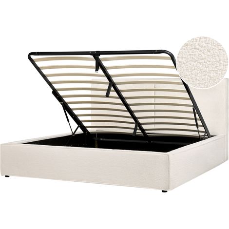 Cama con almacenaje somier de listones dormitorio moderno bouclé blanco crema 180 x 200 cm Moissac