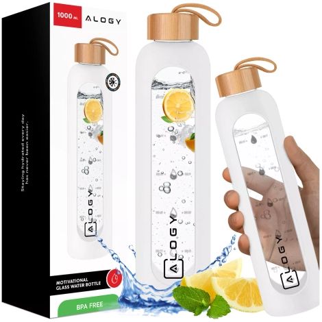 Botella de vidrio grande Alogy para bebidas, vaso medidor motivacional, 1 L, 1000 ml, funda de silicona, blanca (1/5)