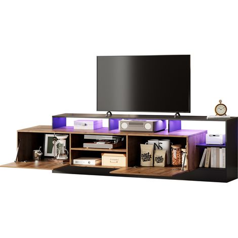 Meuble TV moderne pour écran jusqu’à 70 pouces, rangement ouvert, LED d’ambiance, deux portes abattantes, bois clair et noir, CHICFURN (1/5)
