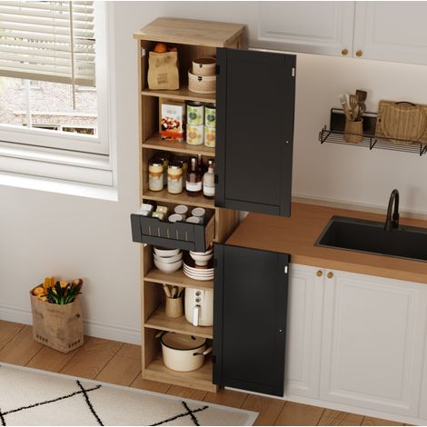 Buffet de rangement 40x30x170 cm avec 2 portes, 1 tiroir et 4 étagères réglables, MDF naturel et - noir (1/5)