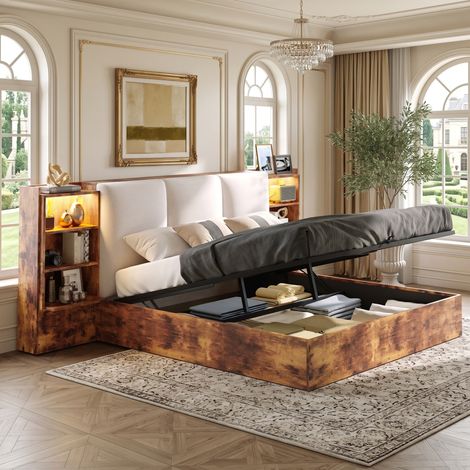Lit plateforme double 180x200cm en bois avec bande LED et 6 compartiments ,lit coffre avec hydraulique,tête de lit rembourrée,sans matelas,Brun (1/5)