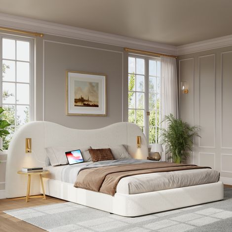 Cama con almacenaje 180x200 cm con USB, lámpara de lectura, bouclé blanco DESVIAE (1/5)