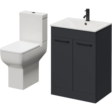 Napoli 460 Gloss Grey 600mm 2 Door Vanity Unit and Tacoma Comfort Height Toilet Suite with Angel Basin - 600mm - Matt Black 160mm Handle