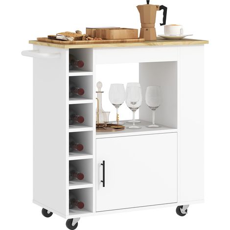 Küchenwagen Servierwagen mit Arbeitsplatte, Ablagen, Weinregalen, Küchenschrank Rollwagen mit Soft-Close-Scharnieren, Griff, Kücheninsel für Büro, 83x40x83cm, Eiche