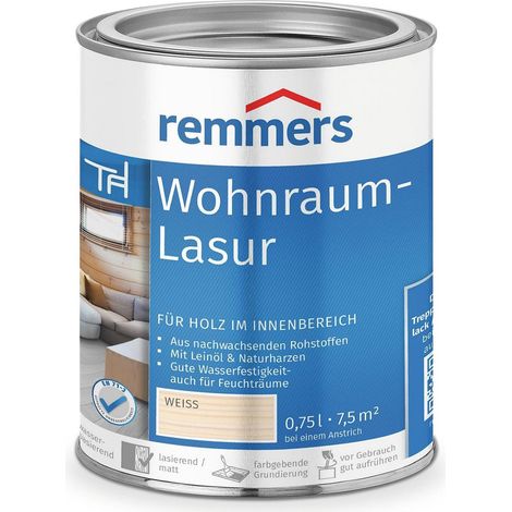 Remmers Wohnraum-Lasur weiß, 0,75 Liter, Holzlasur innen, für Möbel, Böden, Innentüren und Treppen geeignet, mit Abperleffekt (1/4)