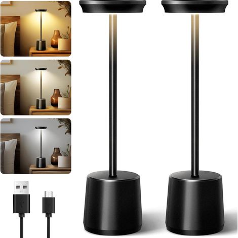 Lampe de Table Sans Fil, 2PCS Lampe de Bureau LED Rechargeable avec Batterie 4400 mAh, USB Lampe de Table Dimmable Tactile Noire pour Extérieur, Restaurant, Bar, Chevet, Chambre, Interieur (1/5)