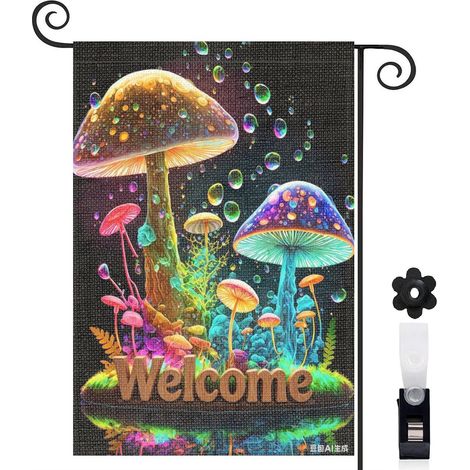Drapeau de jardin bienvenue 30 x 45 cm motif champignons féeriques et fleurs toile double face résistante (1/5)