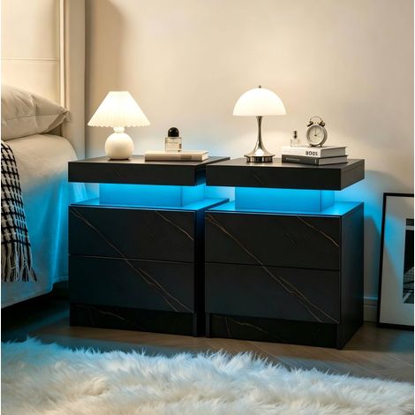 Lot de 2 tables de chevet LED noir et doré, 2 tiroirs, rangement ouvert, panneaux de particules (1/4)