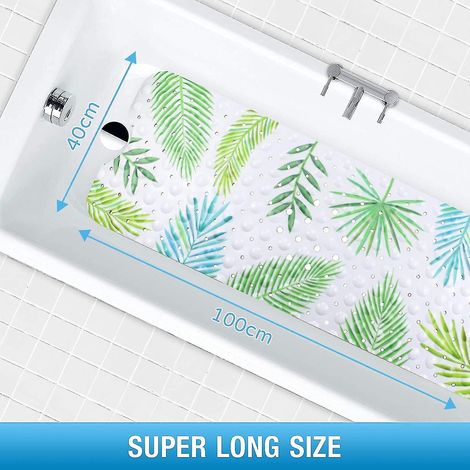 Alfombrilla de baño antideslizante con 200 ventosas (100 x 40 cm, estampado de hojas verdes)