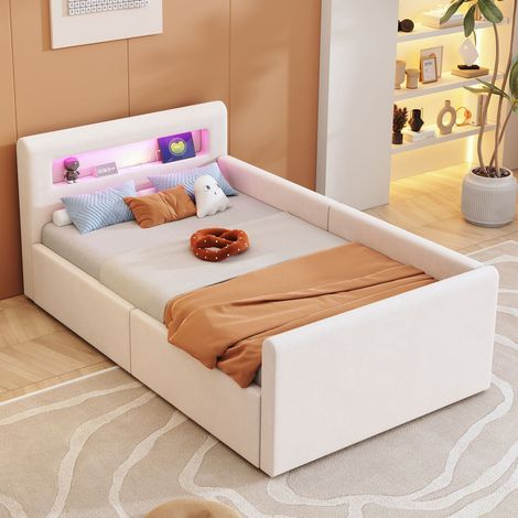 Lit simple 90x200 cm velours beige tête led usb étagère coffre hydraulique (1/5)