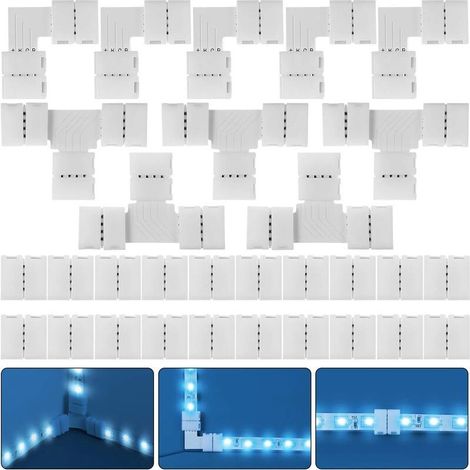 30 Pièces Kit de Connecteur de Bande LED RGB Complet, 4 Broches 10 mm Extension d'Adaptateur sans Soudure Compatible avec Bande LED SMD 5050, 20 Connecteurs Gapless, 5 L Connecteurs 5 T Connecteurs (1/5)