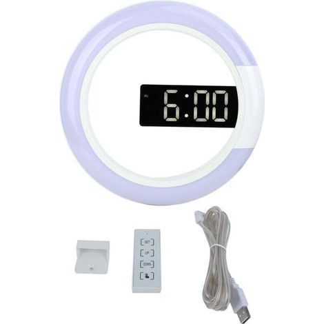 Horloge murale LED moderne avec alarme et éclairage à température de couleur, design épuré blanc – idéale pour salon ou chambre (1/4)