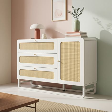 MEUBLIV Weiße Kommode 120x40x85 cm mit 3 Schubladen, 1 Tür und verstellbarem Regal (1/5)