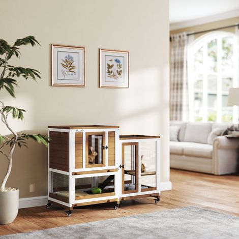 Conejera de Madera de 2 Niveles Jaula para Conejos con Ruedas Escaleras y Bandejas Extraíbles 110x50x86 cm Marrón (1/5)