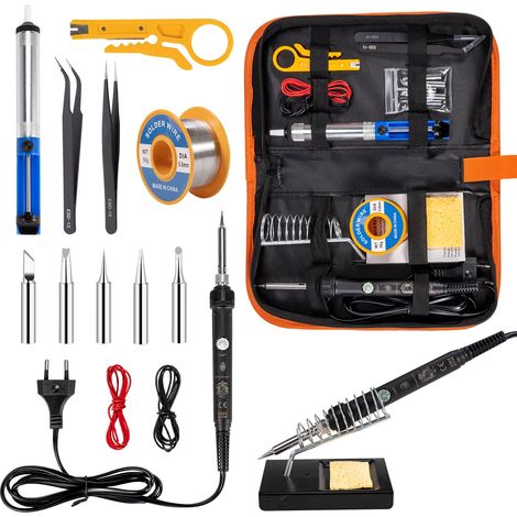Fer à souder set, 16 en 1 60W kit de fer a souder electronique, 220-480°C température réglable, poste à souder, 5 pointes de soudure, fil de soudure, pince à épiler et pompe de dessoudage (1/5)