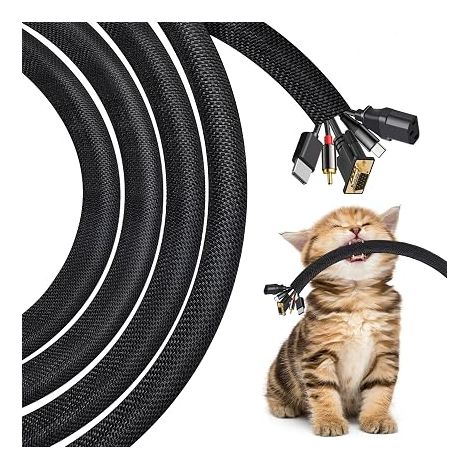 3 Mètres Manchon de Cache Câble, 10mm Gaines de Câbles, Empêche Les Animaux Domestiques de Mâcher Les Câbles, Textile Flexible Goulotte de Câble à Fermeture Automatique pour Bureau, Noir (1/5)