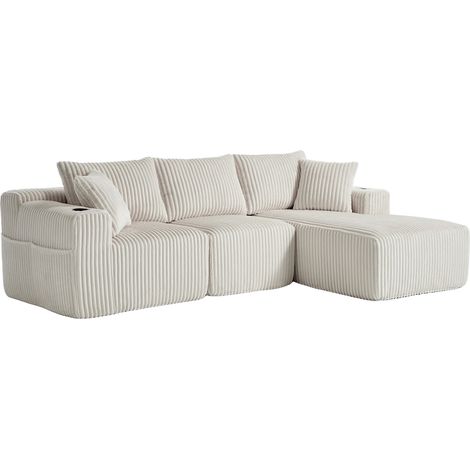 Canapé modulable avec chaise longue et 2 places, revêtement velours côtelé beige, 5 coussins, poches latérales et porte-gobelets, sans montage CHICFURN (1/5)